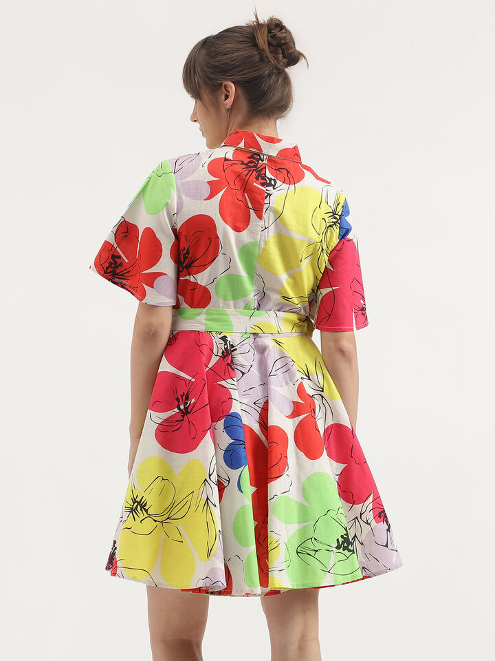 S/S PRINTED SHORT FLARE DRESS WITH BELT image number 3